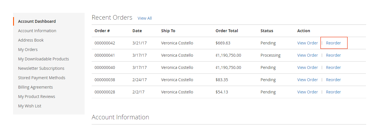default reorder Magento 2 in the frontend