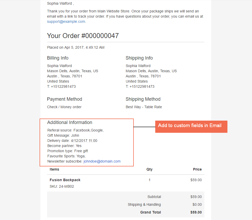 magento 2 add checkout custom field in email