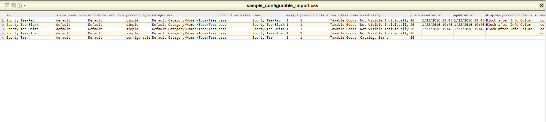 CSV file for magento 2 import configurable product