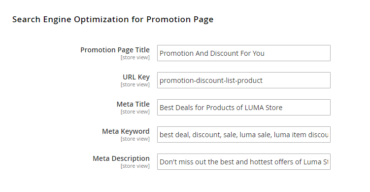 Support SEO for Magento 2 promotion page