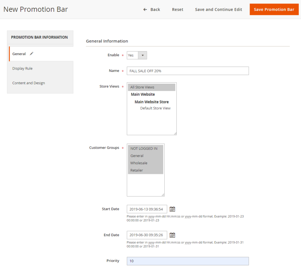 Magento 2 Promotion Bar extension supports multiple store views for promotion bar display