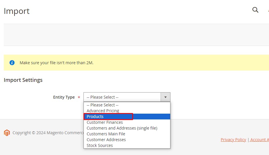 Choose Entity Type in Importing Product in Magento 2