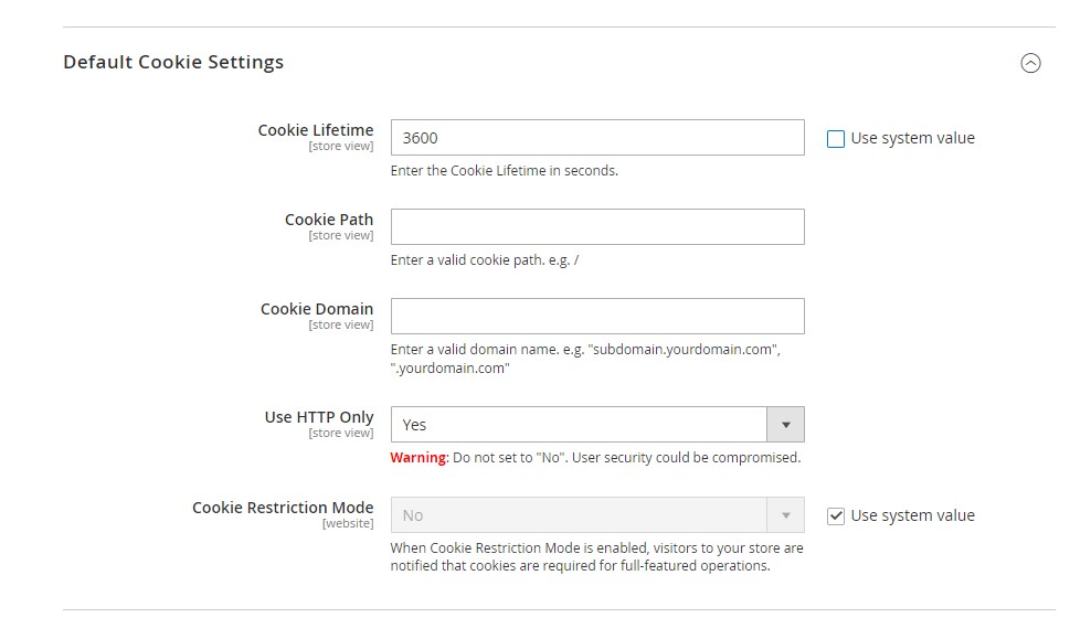 Default cookie settings