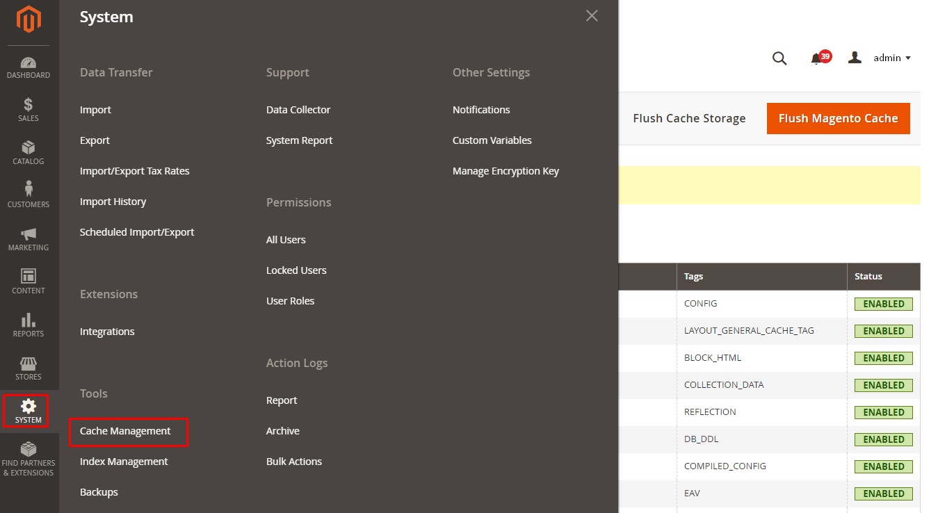 Magento cache management