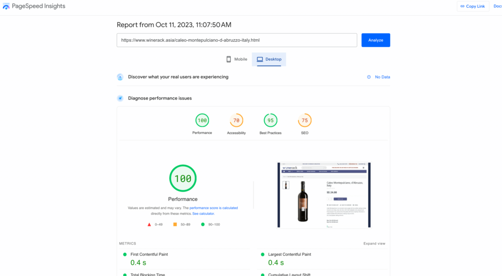 Product page Speed Insights - Desktop