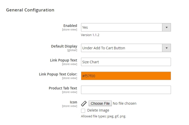 how to add size chart in magento 2 general configuration