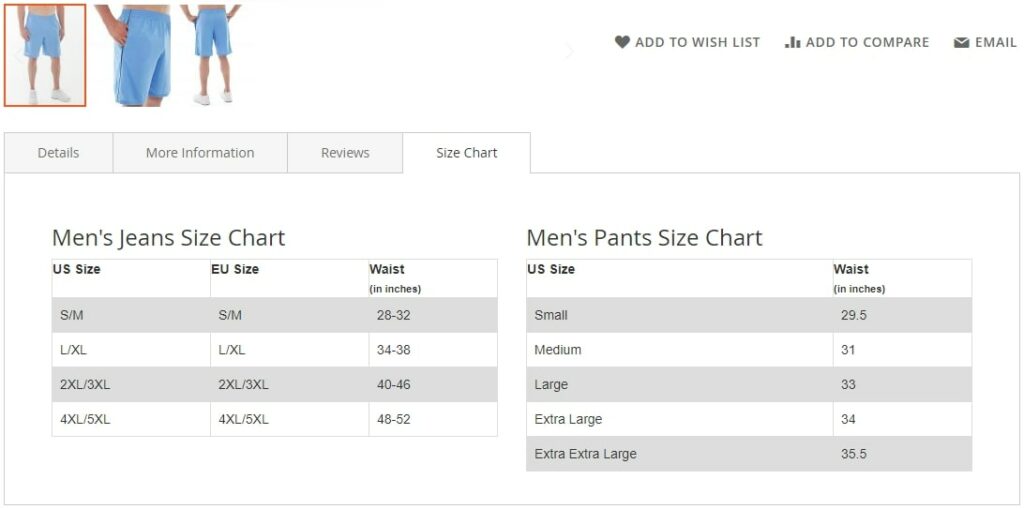 Size Chart in Magento 2 Frontend 2