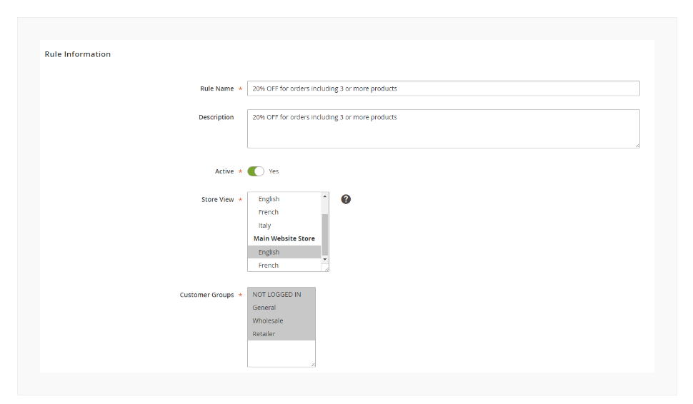 set up cart price rule for each store view