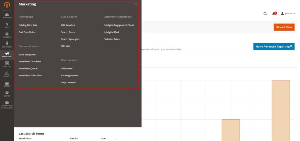 magento marketing tab