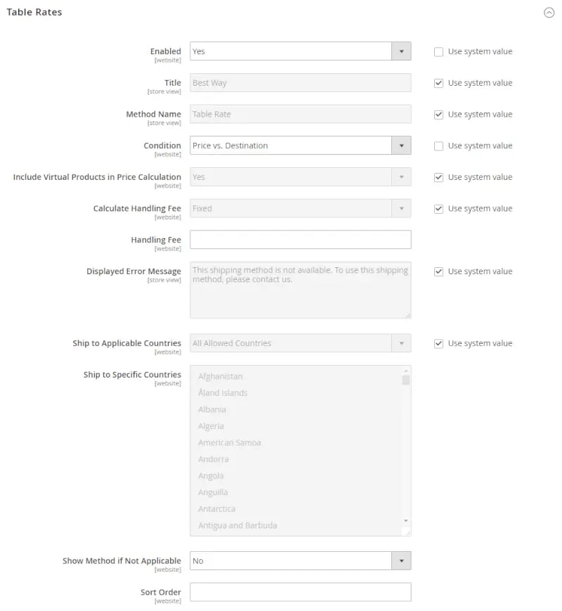 table rates magento