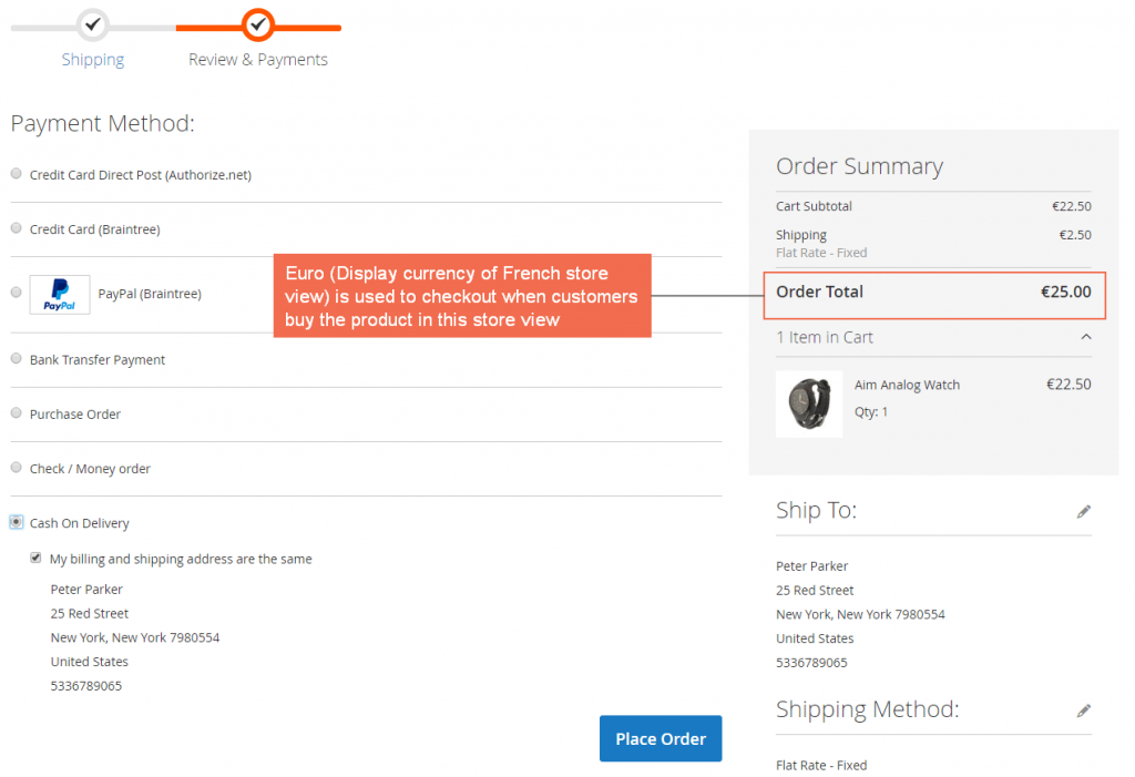 Magento 2 checkout with the display currency