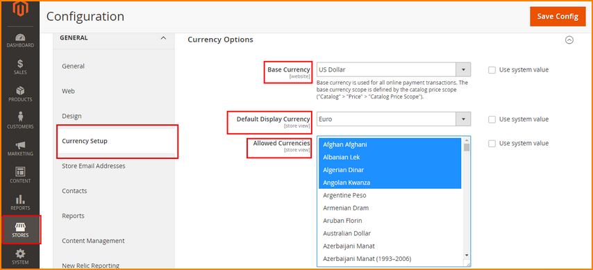 Set up curency in Magento backend