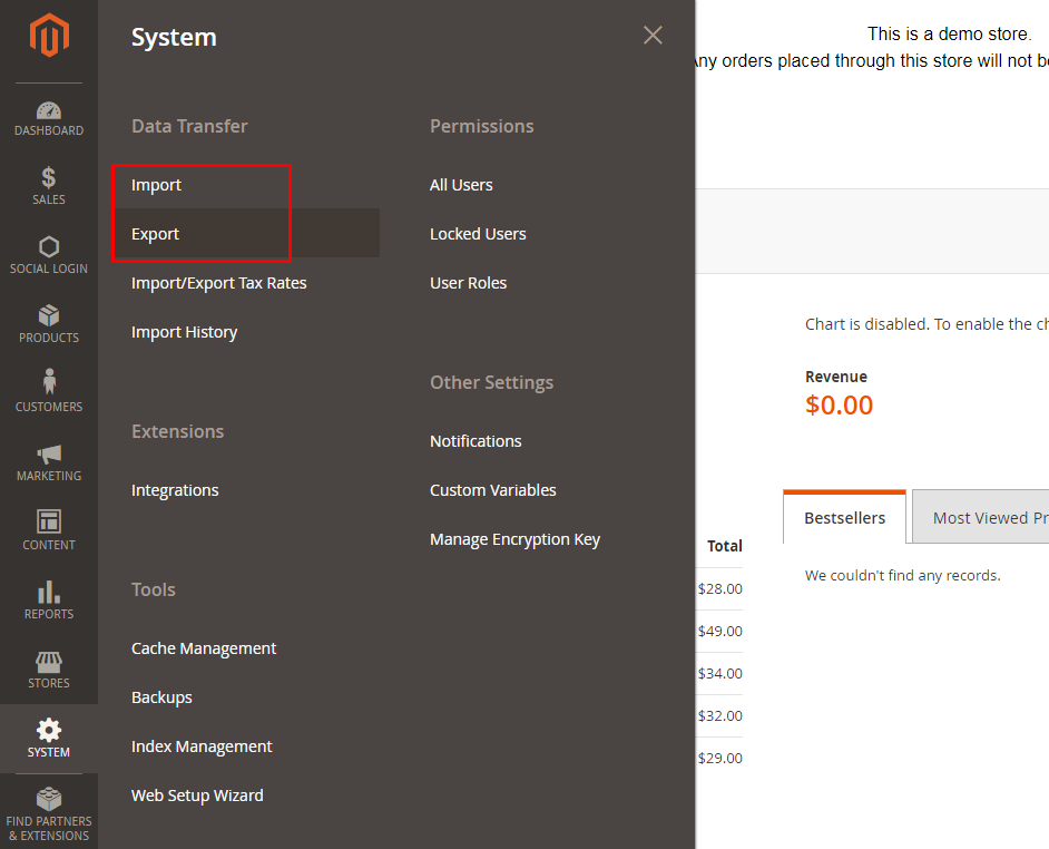 import-and-export-in-default-magento