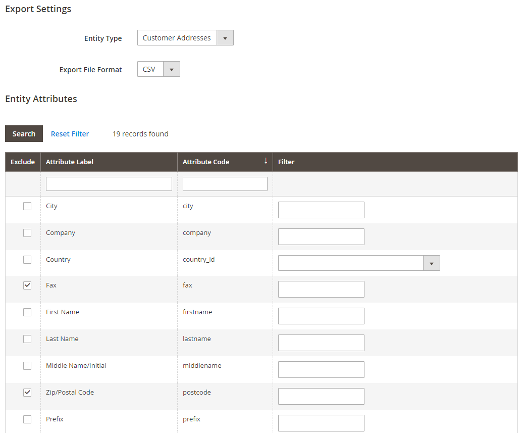 magento 2 import export setting - customer addresses