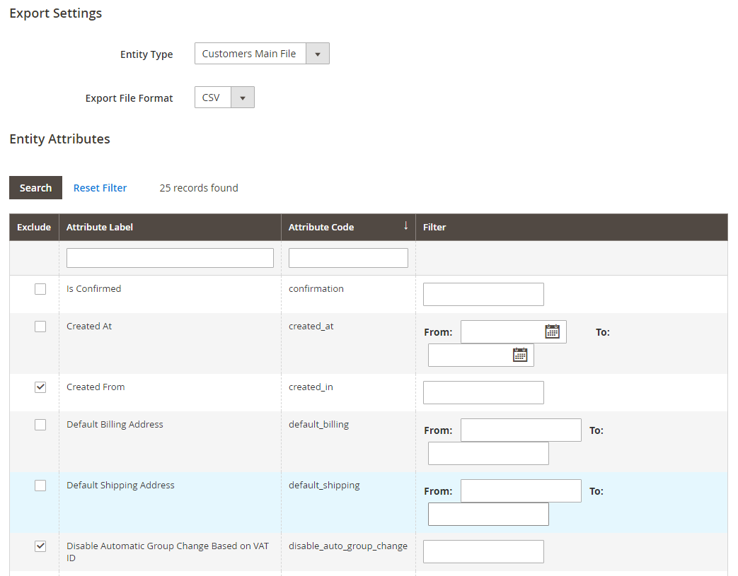 magento 2 import export setting-customer