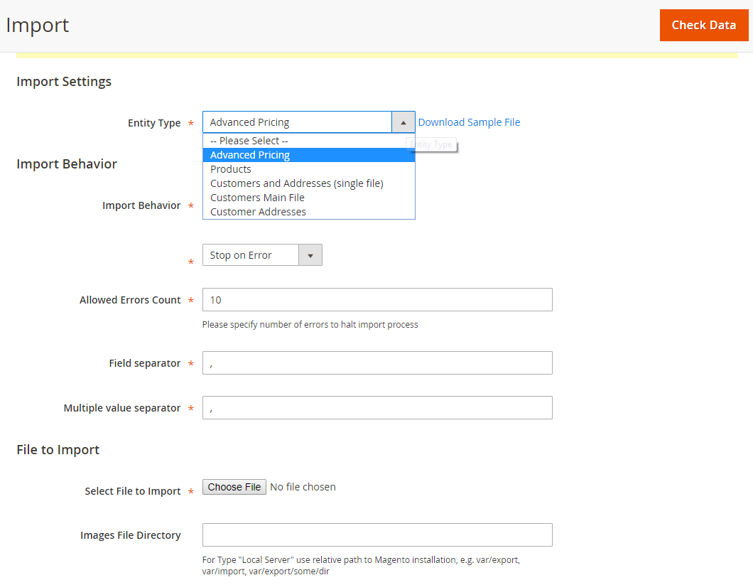 magento 2 import export setting