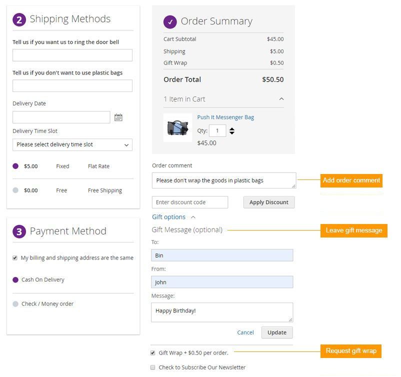 User's actions on the checkout page in Magento 