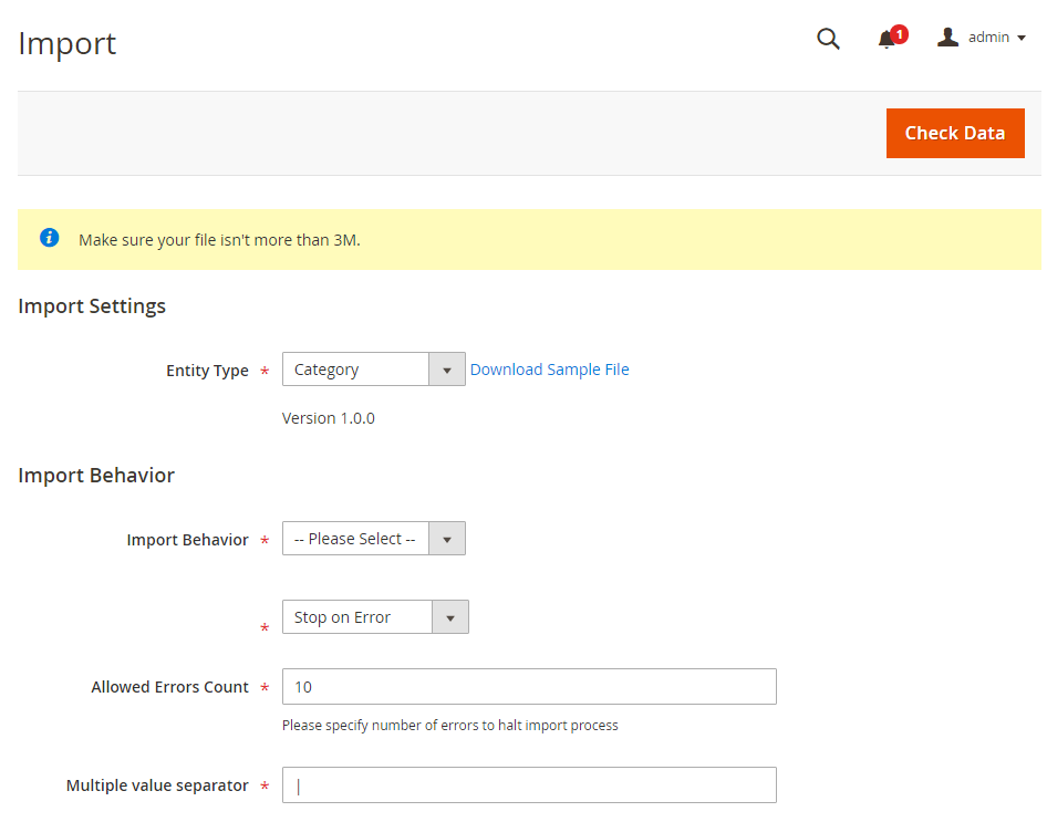 magento 2 import categories csv-import setting