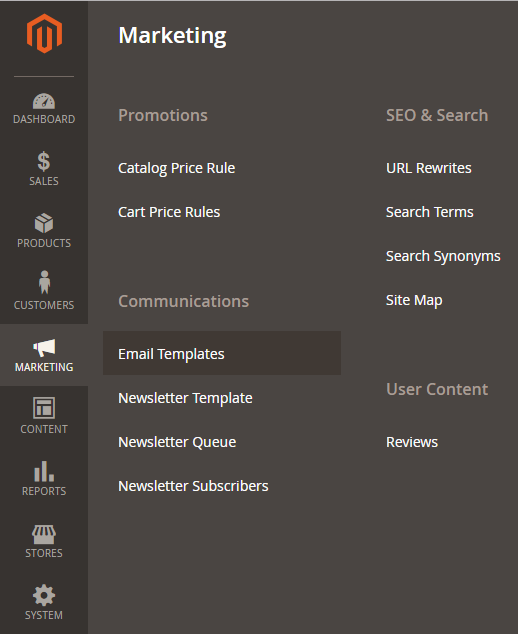 Choose Email Templates in Magento's dashboard