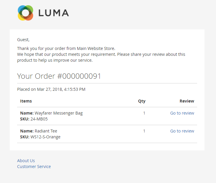 review reminder email template magento 2
