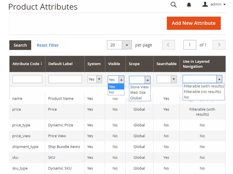 product attributes in magento 2 - grid