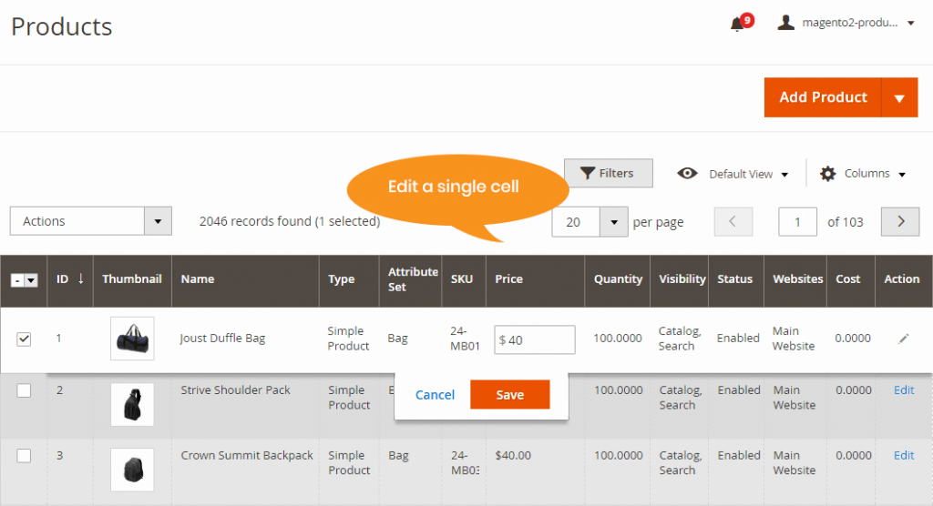 Edit in a single cell - Magento 2 advanced product grid