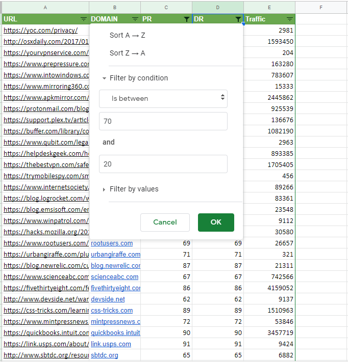 from 20 to 70 in domain ranking