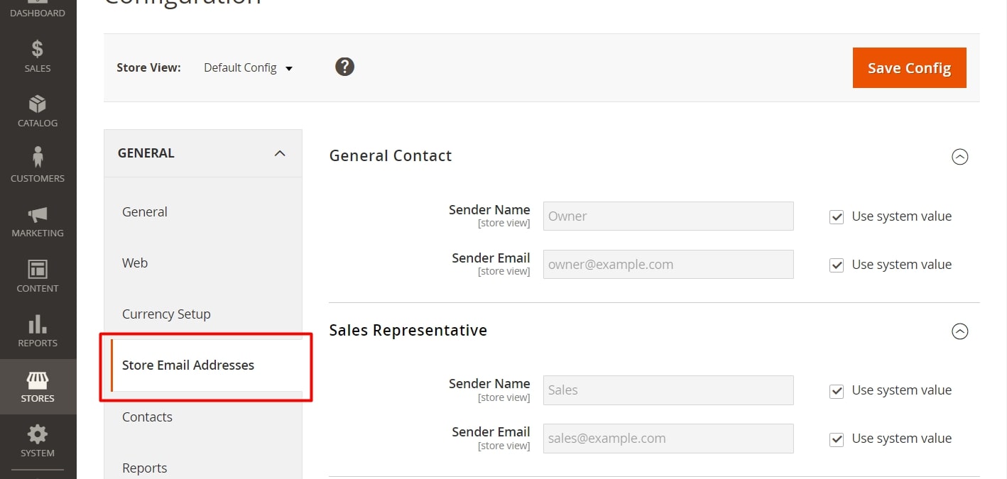 store email addresses in Magento 2 email settings