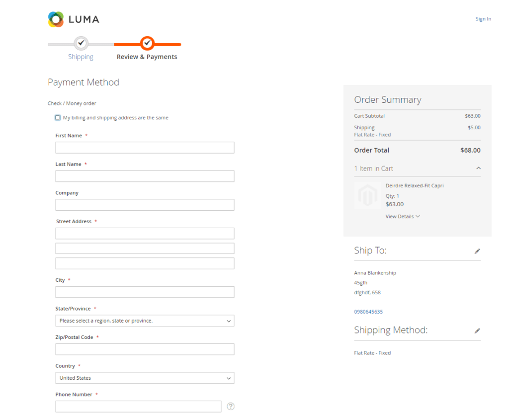 The default checkout process in Magento 