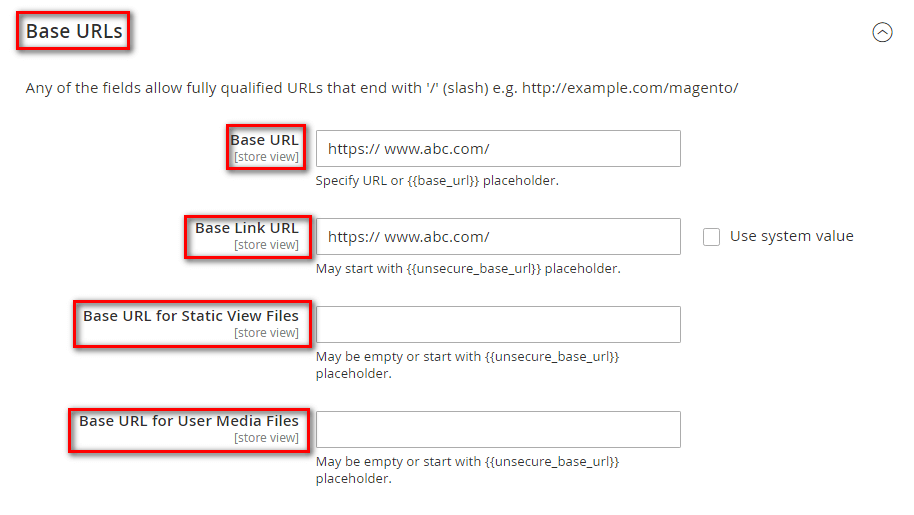 Magento 2 base urls settings