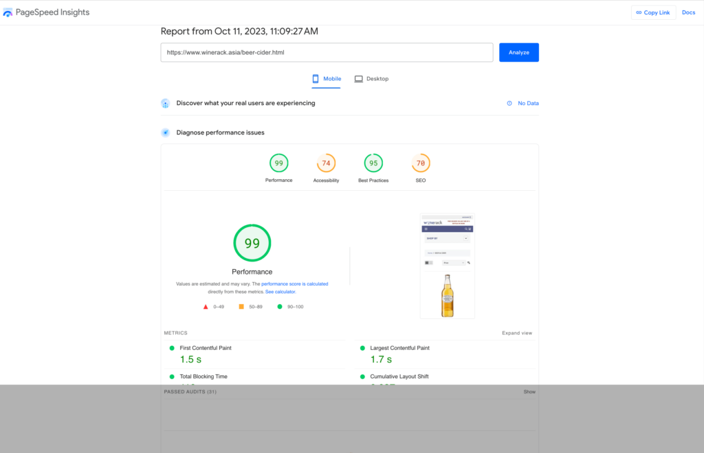 Category page Speed Insights - Mobile