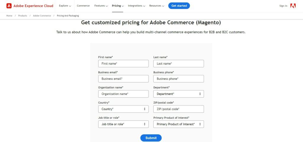 Magento Commerce vs Open Source - the screenshot of Adobe Commerce's contact form