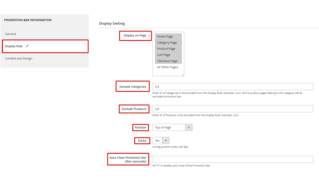 Configure display rules on Magento 2 promotion bar extension
