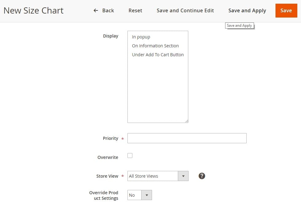 how to add size chart in magento 2