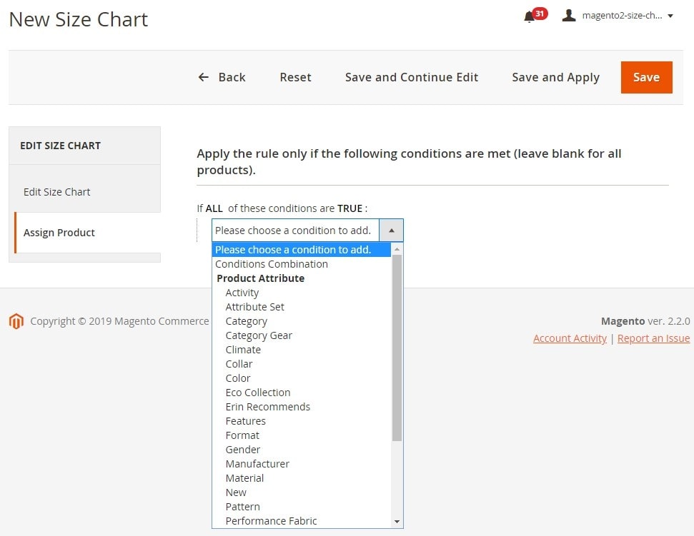 Assign Size Chart to Products