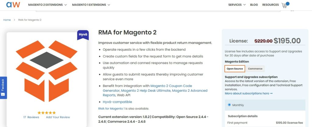 Magento 2 RMA extension Aheadworks