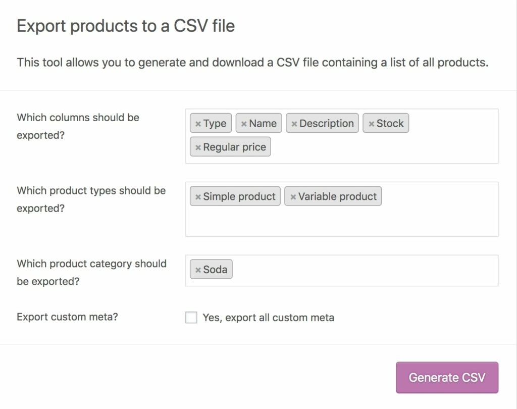 export product WooCommerce to a CSV file 2