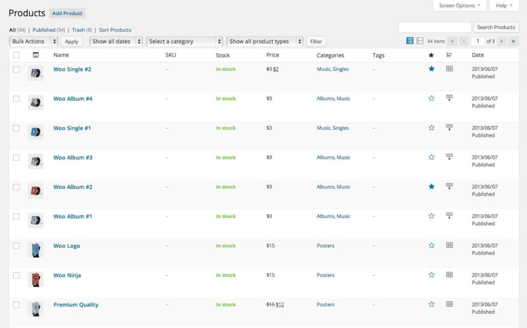 Products in WooCommerce's backend