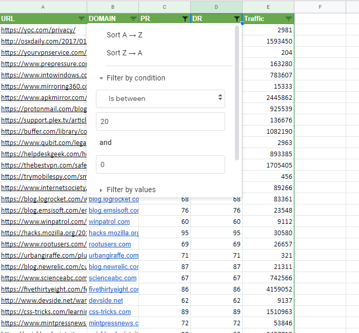 from 0 to 20 in domain ranking