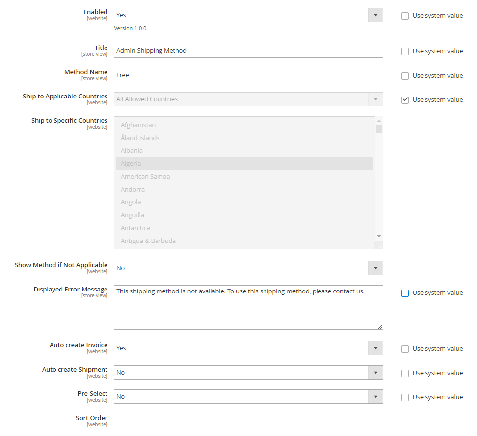 admin shipping method settings