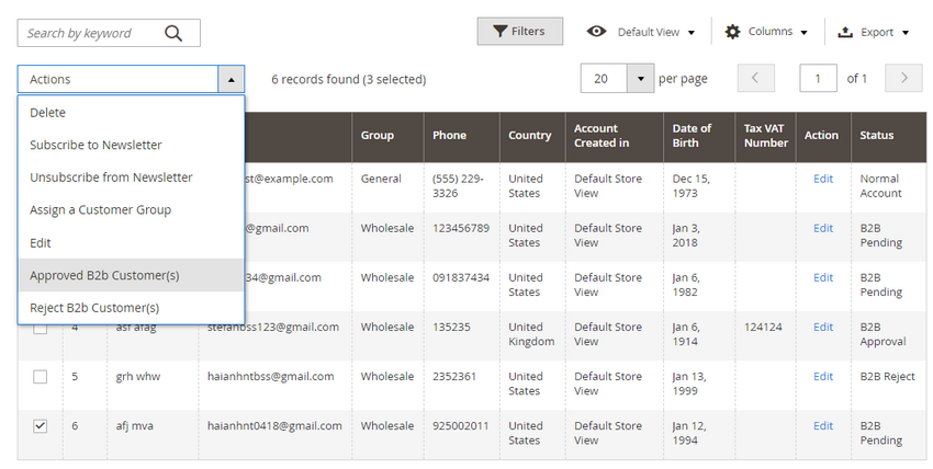 Mass actions over B2B accounts