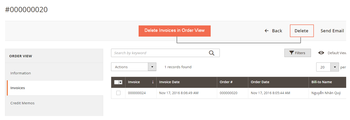 delete invoice in invoice tab