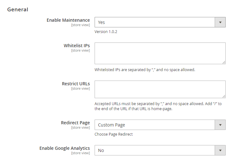 general settings of maintenance page