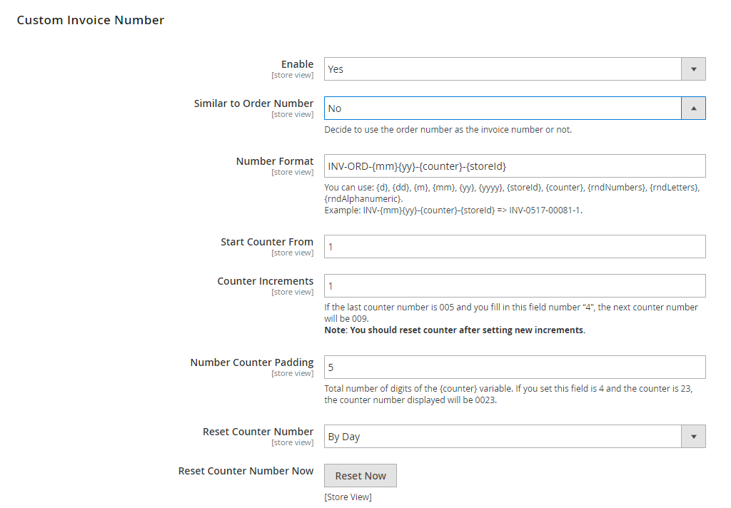 detailed configuration of Magento custom invoice number