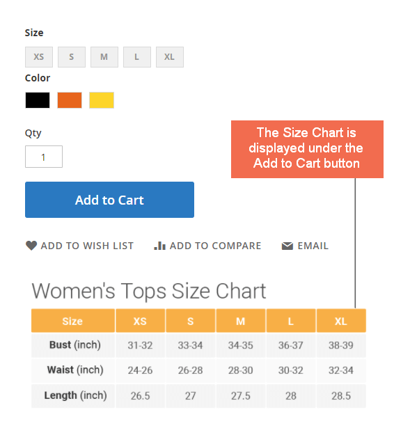 Size chart Under Add to Cart Button