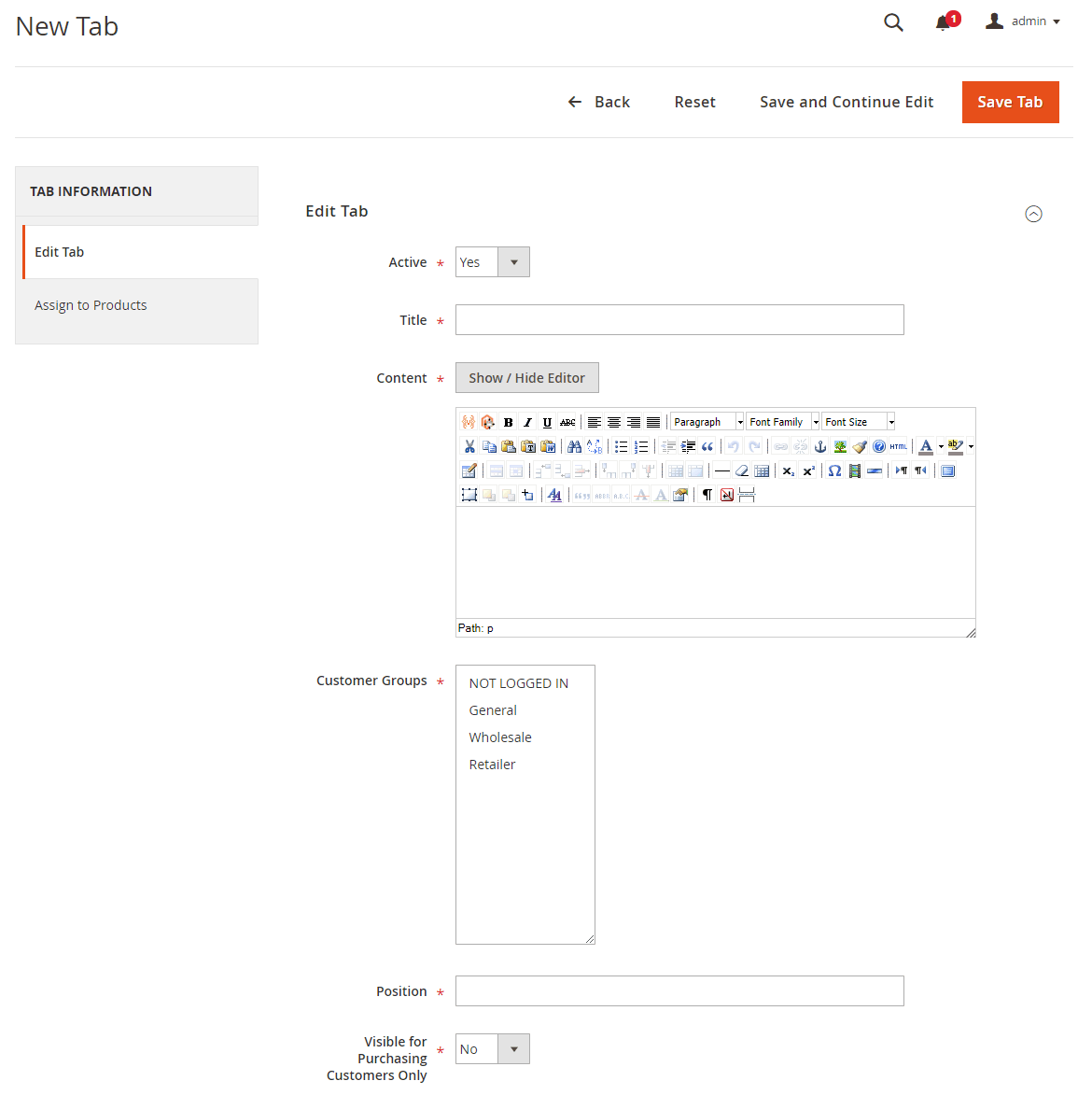 Create and edit product tabs