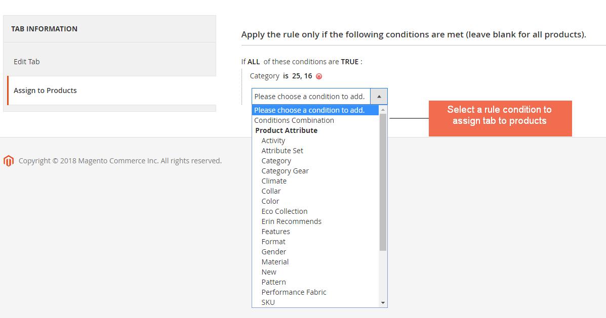 Assign the tab to products by rule condition