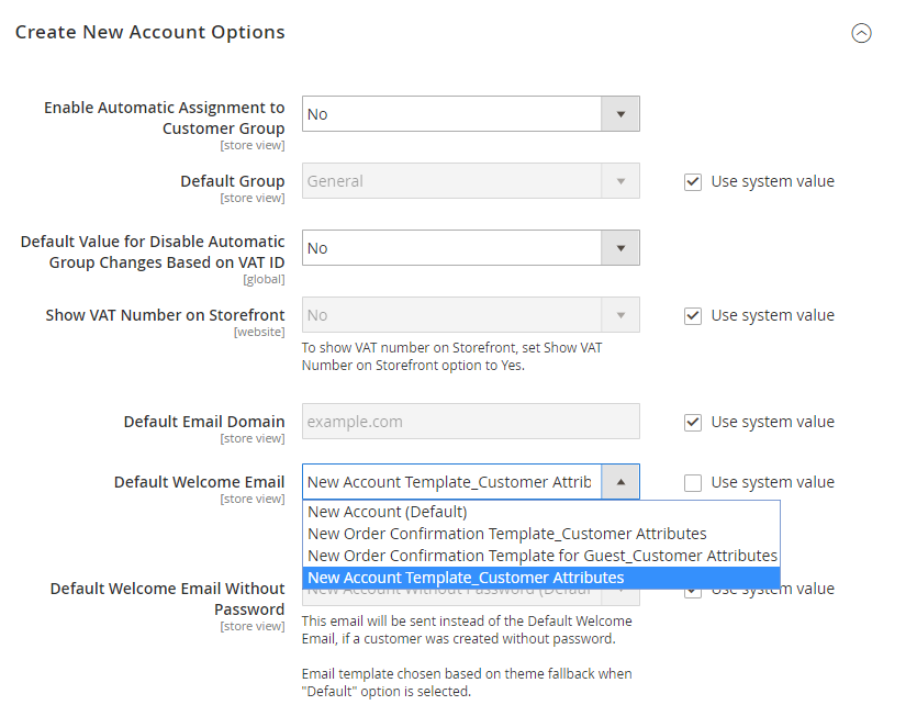 set up Magento 2 new account options