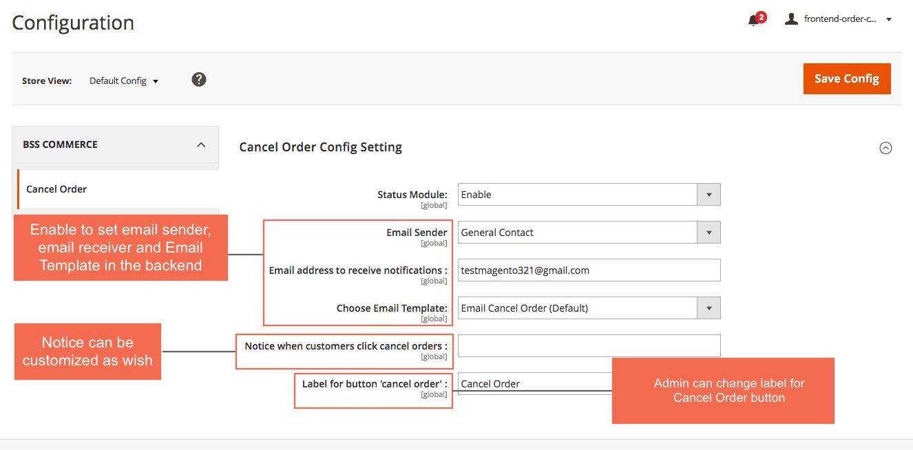 Configuration magento 2 Frontend Cancel Order Extension