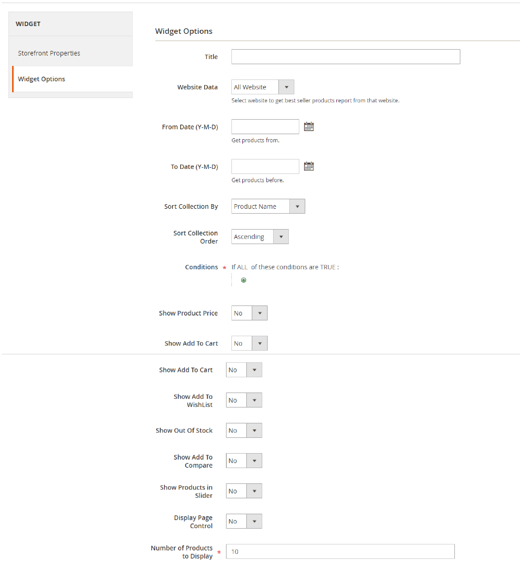 Widget Options supported by Magento 2 Products Widget Slider extension